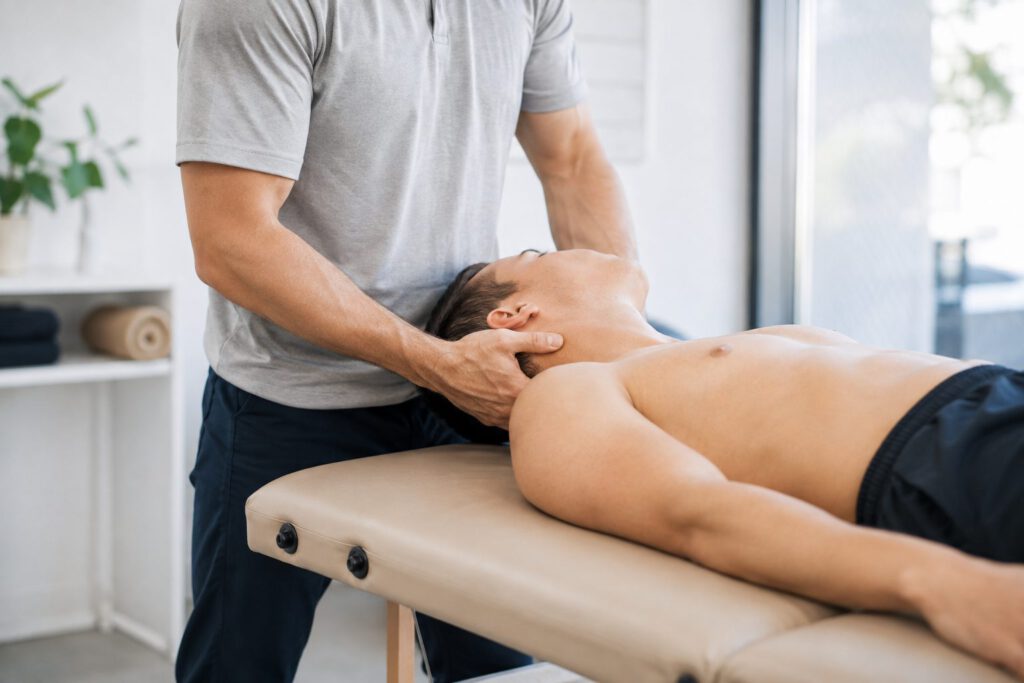 Fysiotherapeut ondersteunt de nek van een liggende patient